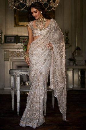 Ivory Gold Sequin Saree