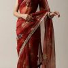 Cherry Red Saree Organza Floral Print