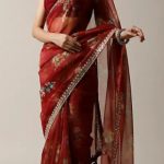 Cherry Red Saree Organza Floral Print