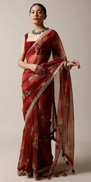 Cherry Red Saree Organza Floral Print