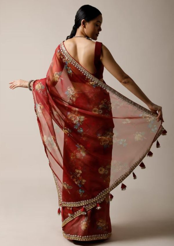 Cherry Red Saree Organza Floral Print