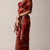Cherry Red Saree Organza Floral Print