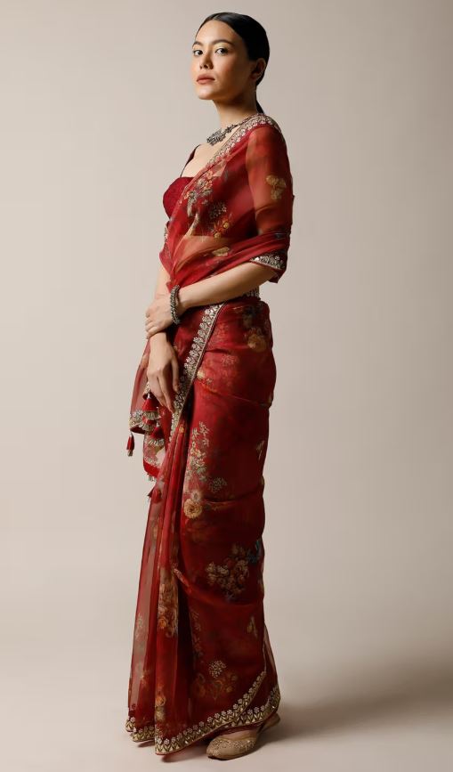 Cherry Red Saree Organza Floral Print