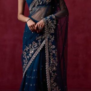 Teal Blue Embroidered Net Saree