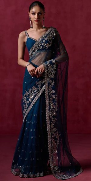Teal Blue Embroidered Net Saree